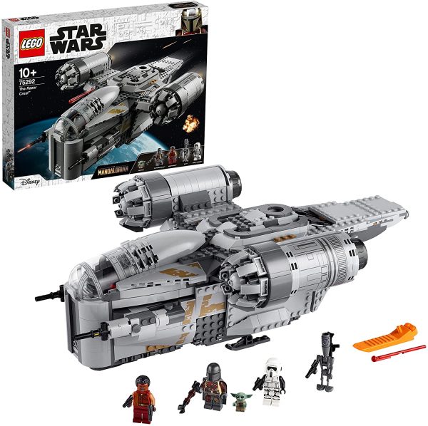 Detailed Lego brick model of The Mandalorian bounty hunter transporter spaceship from the Star Wars: The Mandalorian Range.